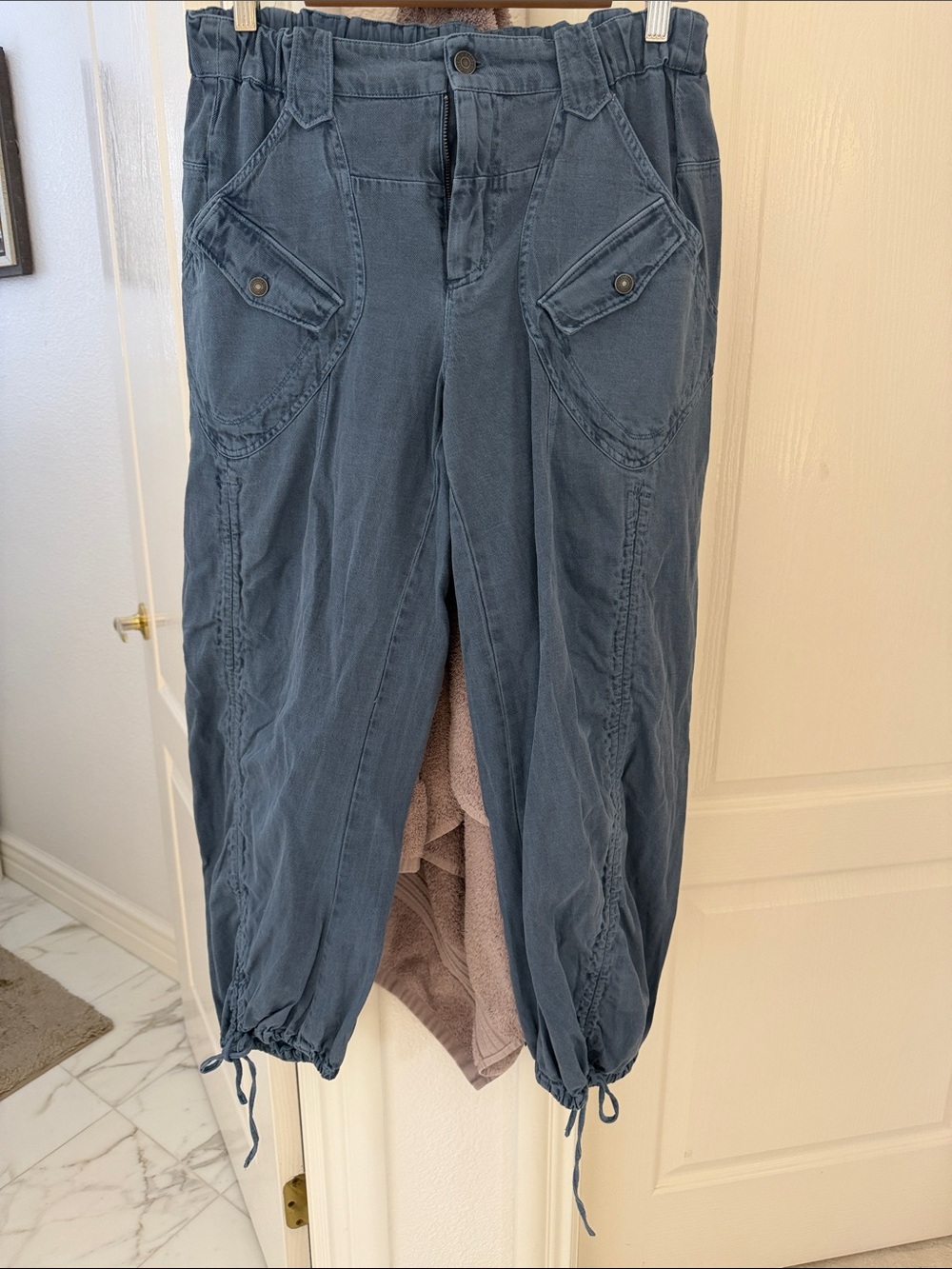 Free People Straight Leg Drawstring Hem Pants in Slate Blue